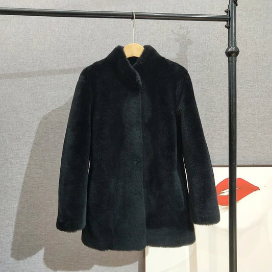 Mid Length Stand Collar Shearling Coat