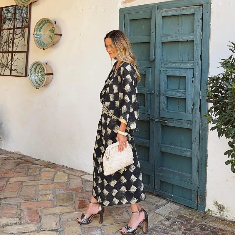 Casual Patchwork Print V Neck Maxi Dress for Women