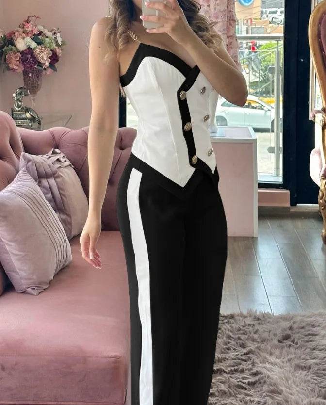 V-Neck Metal Suspender Top Two-Piece Set for Women