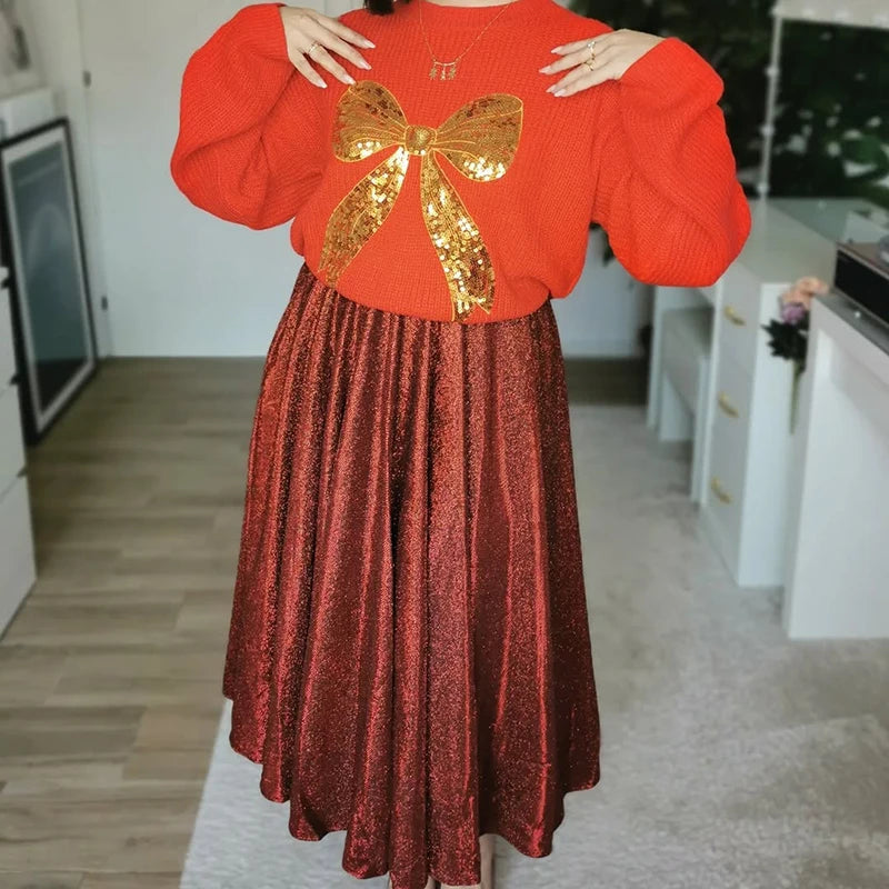 Casual Bow Print Knit Texture Long Sleeve Sweater for Women