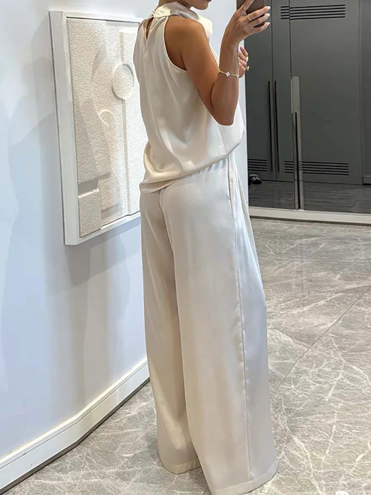 Pile Collar Sleeveless Top Wide Leg Pants 2CPS Sets, Women Summer Loose Elastic Waist Chic Outfit, Solid Patchwork Ladies Suits