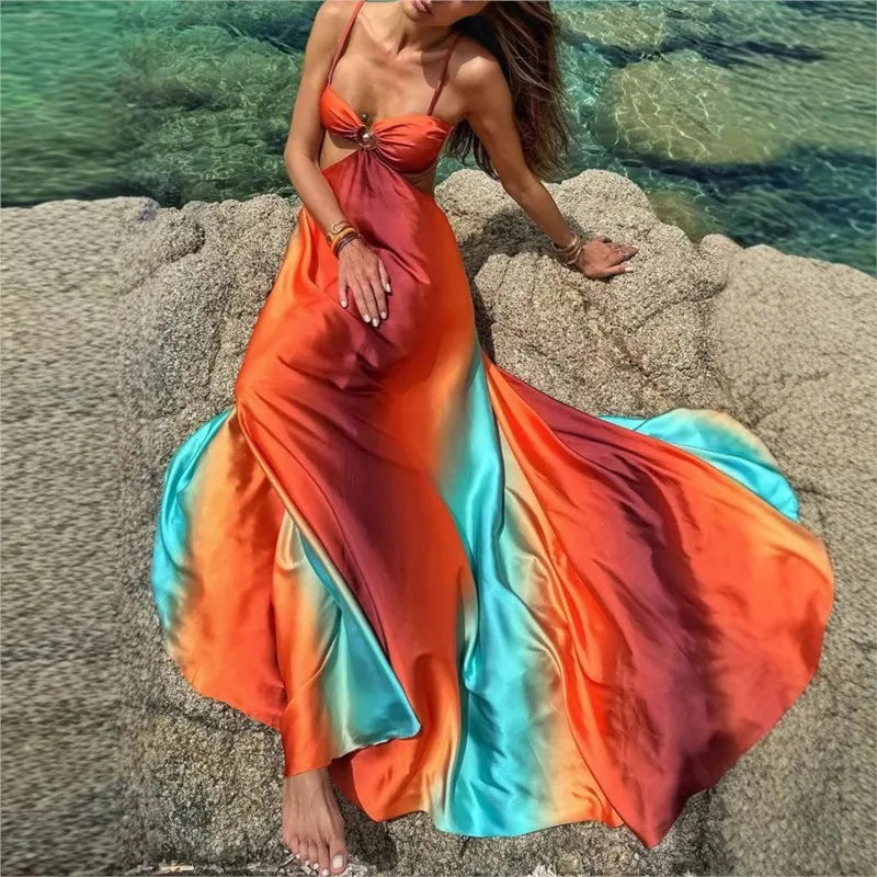 Sexy Gradient Sling Beach Long Dress Women Vintage Sleeveless Lace Up Hollow Out Tube Dresses Female Chic Street Party Holiday