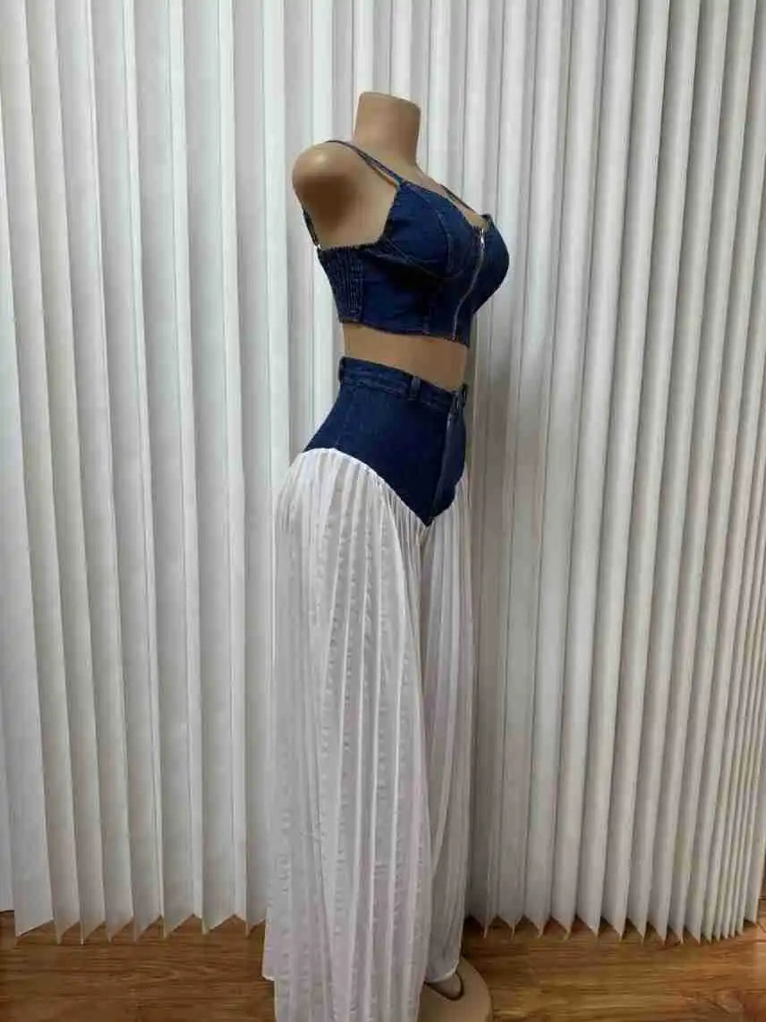 Casual Patchwork Wide Leg Denim Tracksuit Set for Women