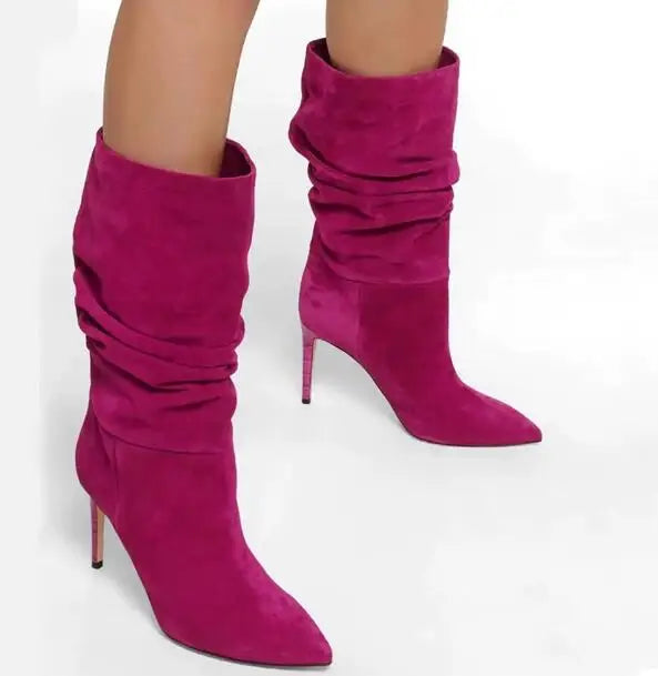 Slip On Pleated Suede Pointed Toe Thin Heel Mid Calf Boots for Women