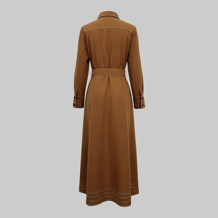Women Lapel Collar Long Sleeves Contrast Stitch Pocket Belted Midi Dresses Elegant Vintage Casual Office Workwear Shirt Dress