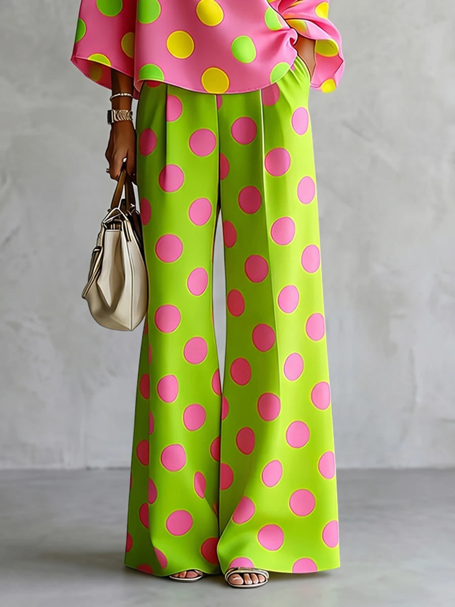 Bonboho Women's High Waist Polka Dot Pants Bright Green with Pink Dots Wide Leg Trousers 2026 Summer Casual Commuter Bottoms