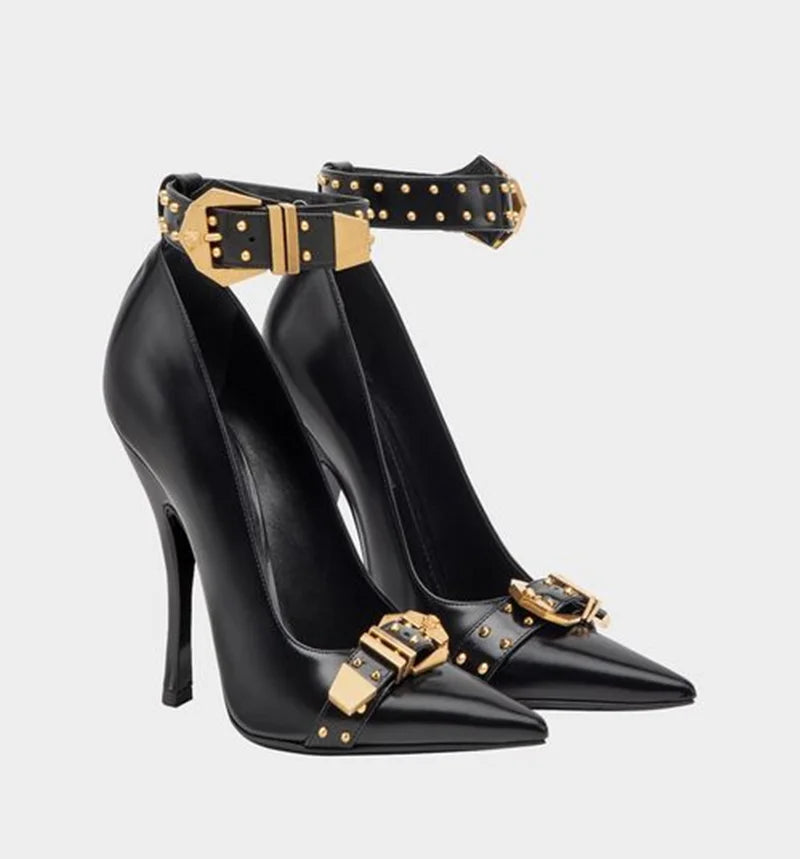Black Faux Leather Pointed Toe Rivet Buckle Stiletto Pumps For Women