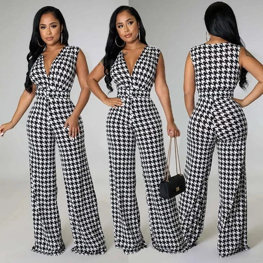 Womens Sexy V-neck Sleeveless Houndstooth High Waist Belted Jumpsuit Clubwear Rompers