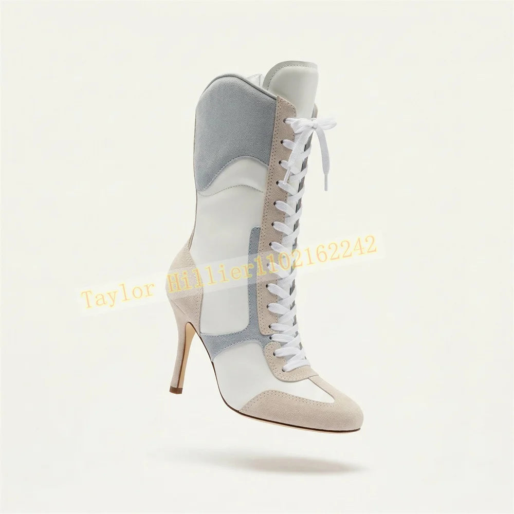 White Lace Up Pointed Toe Stiletto Ankle Boots for Women