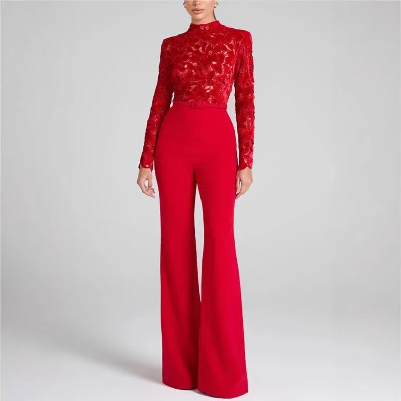 Embroidery Lace Red Jumpsuits Women Sexy Slim Long-sleeved Belt High Waist Jumpsuit Female 2025 Casual Lady Party Rompers