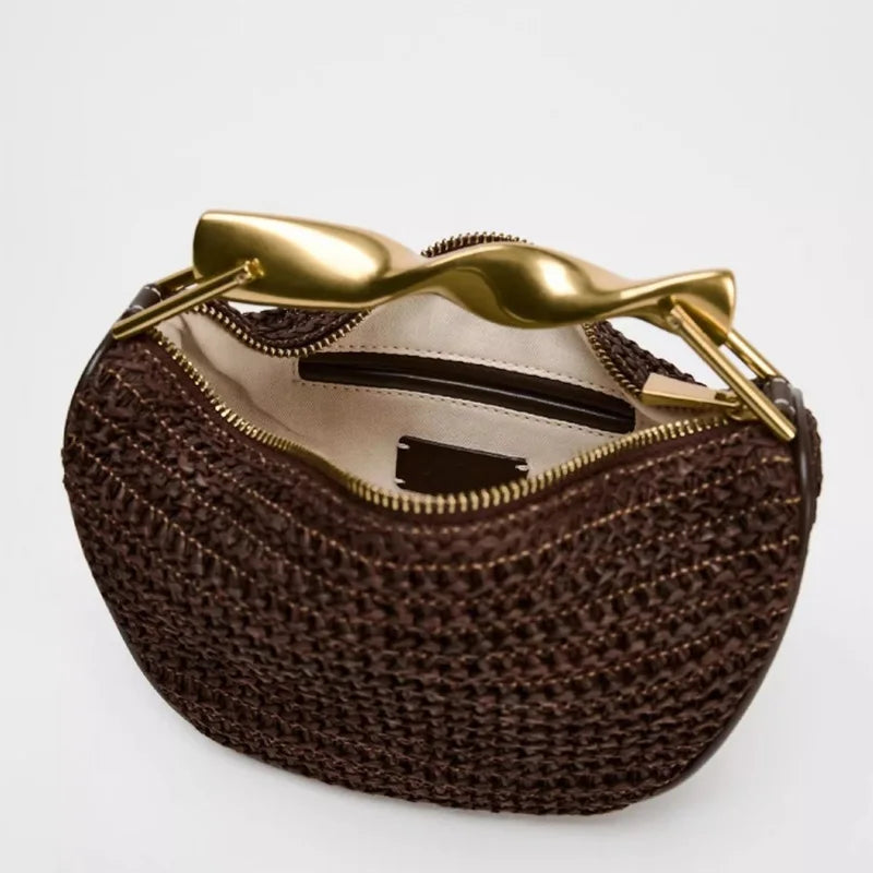 Women's Woven Bag Fashion Luxurious Simple Metal Evening Clutch Casual Versatile Vintage High-end Design  Women's Shoulder Bag