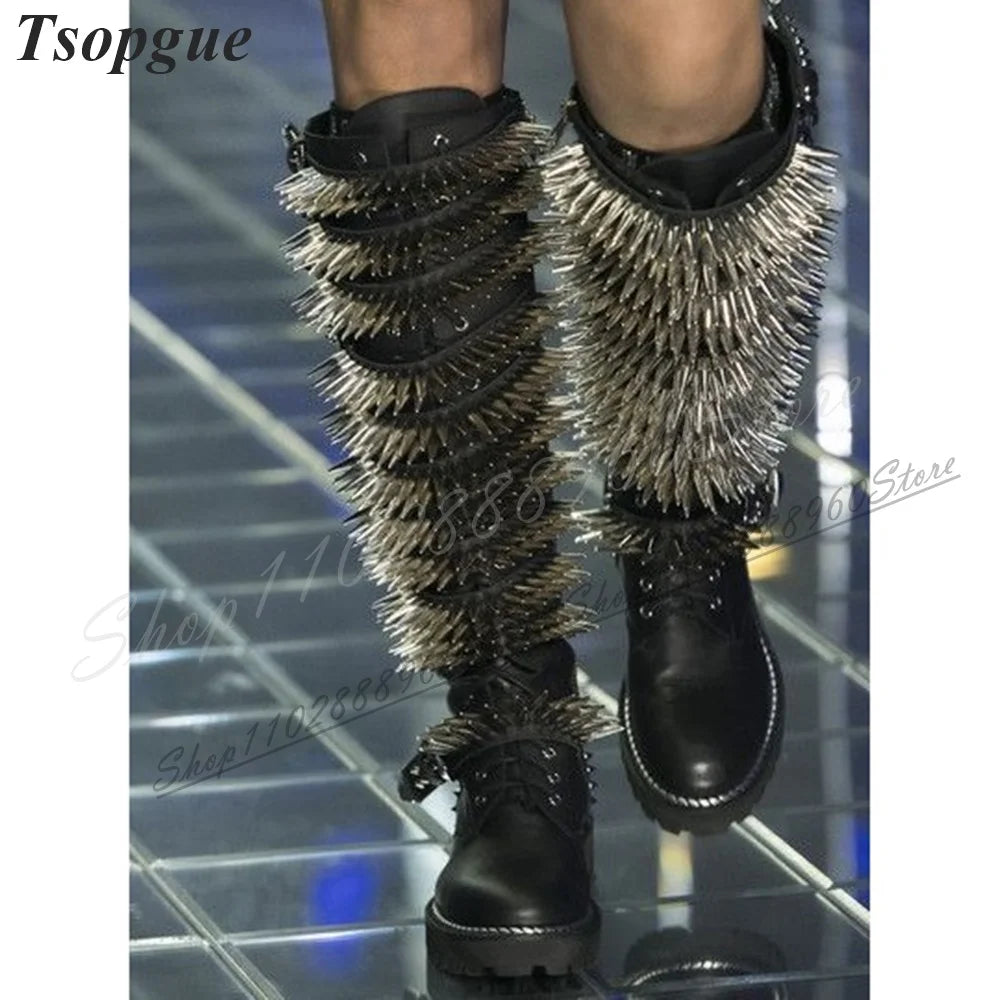 Catwalk Knee High Black Cross Tied Rivet Boots Flat With Shoes For Women Side Zipper Round Toe 2024 Fashion Zapatos Para Mujere