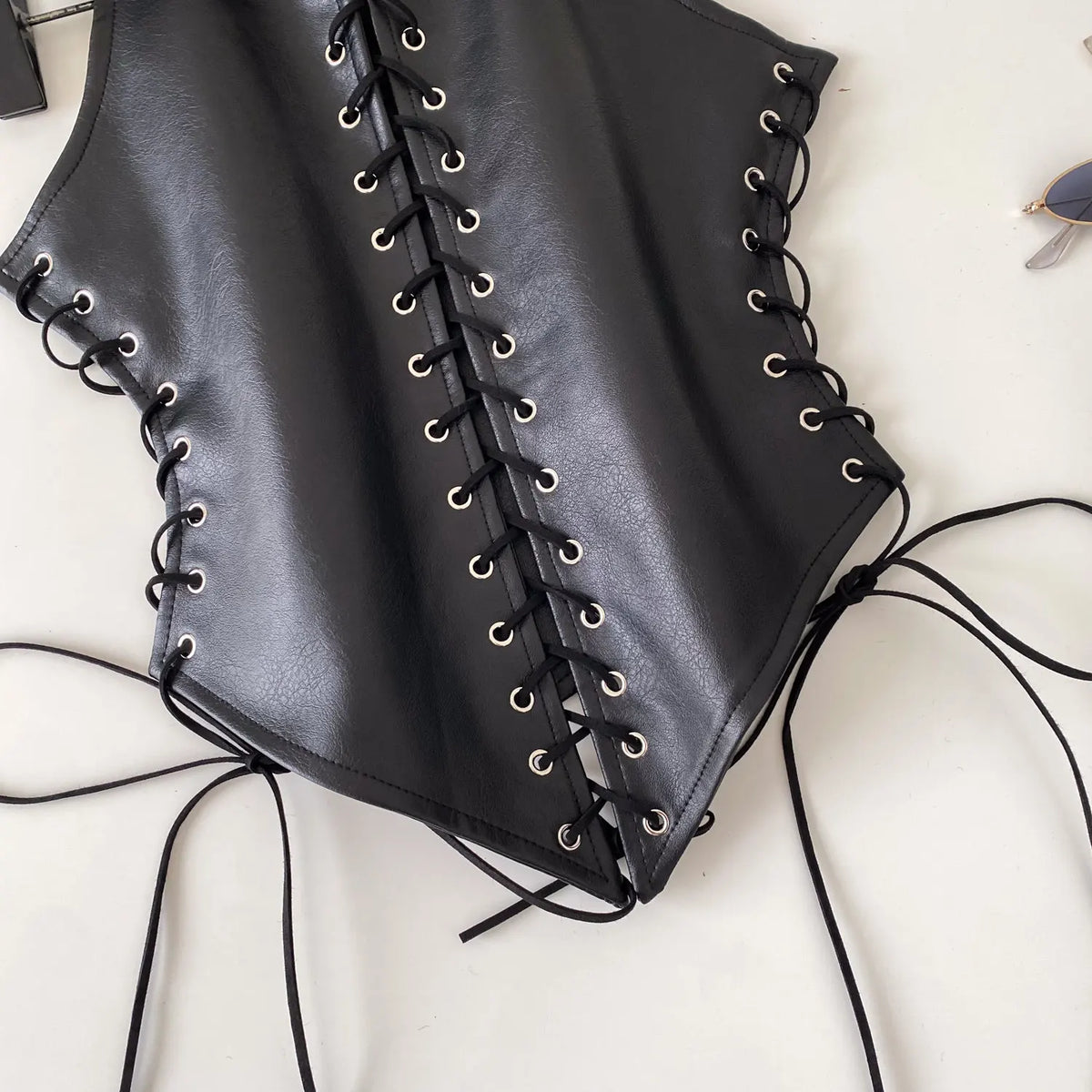 Retro Lace Up Faux Leather Sleeveless Bustier Top for Women