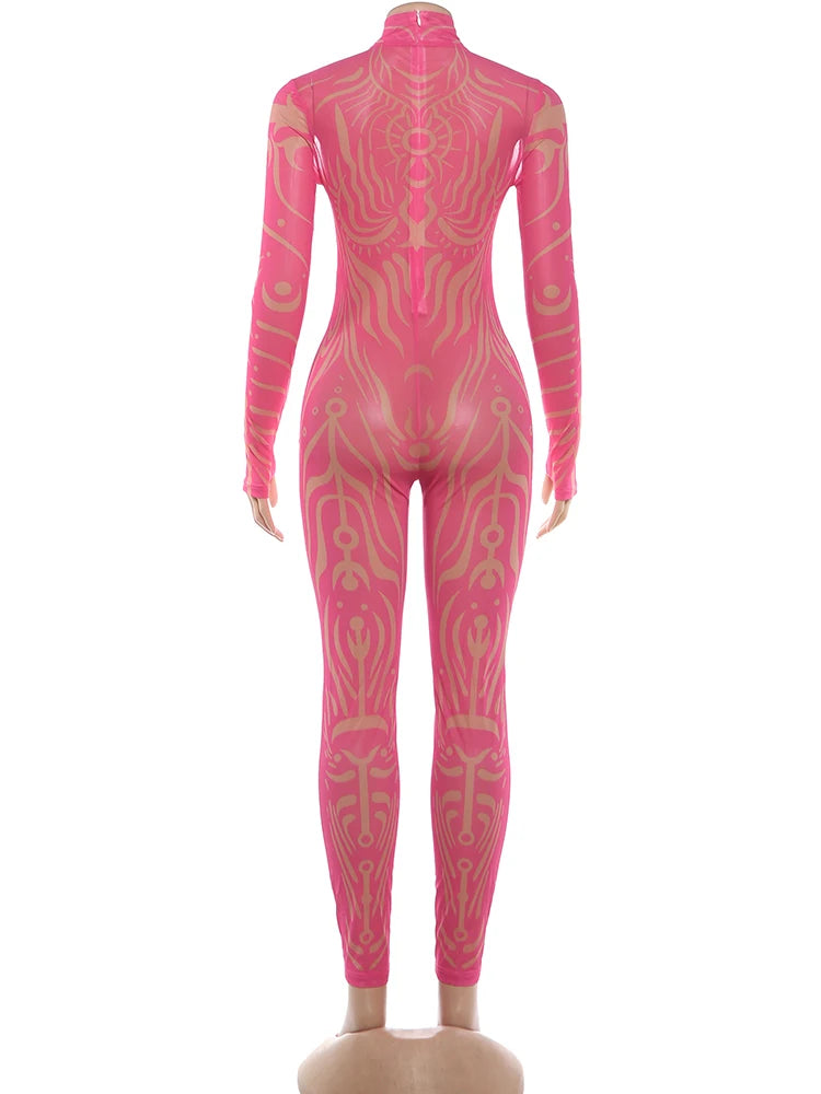 Striped Stretch Turtleneck Long Sleeve Jumpsuit for Women