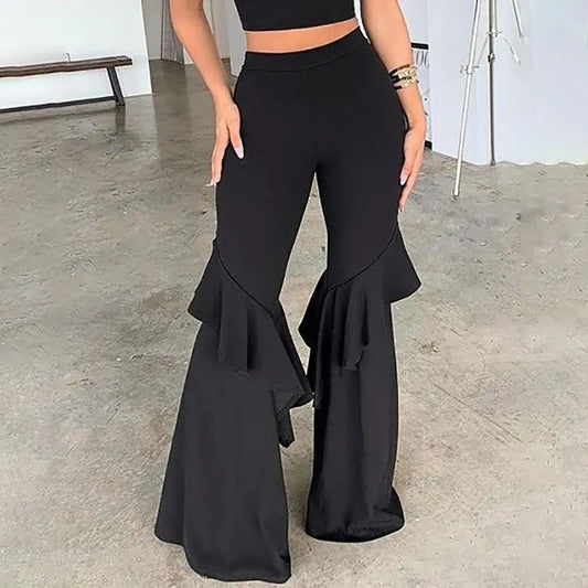 2025 Summer Women Long Pants Fashion Solid Color Ruffle Flared Pants Streetwear Causal Daily Female Trousers Large Size S-3XL