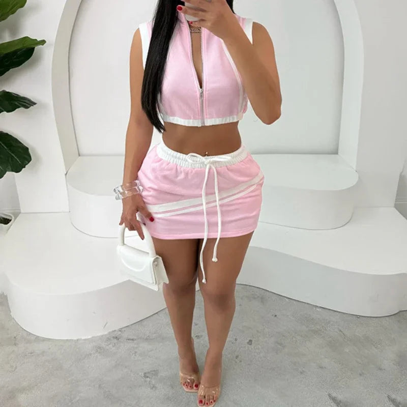 Two Piece Set Women Streetwear 2025 Summer Y2K Sexy Hot Girl Short Zipper Top & Fashion Casual Slimming Wrap Hip Mini Skirt Suit