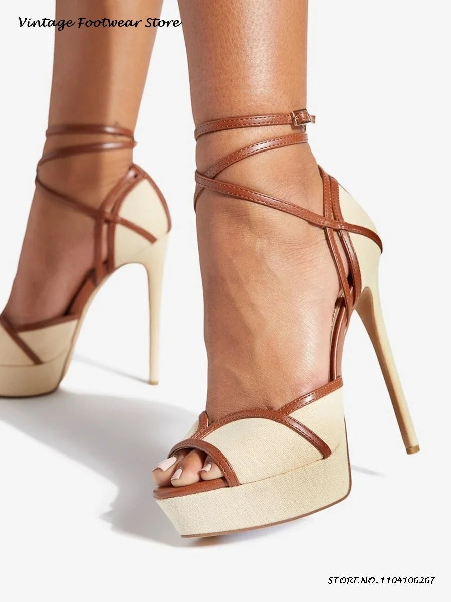 Patchwork Platform Ankle Strap High Heel Sandals for Women