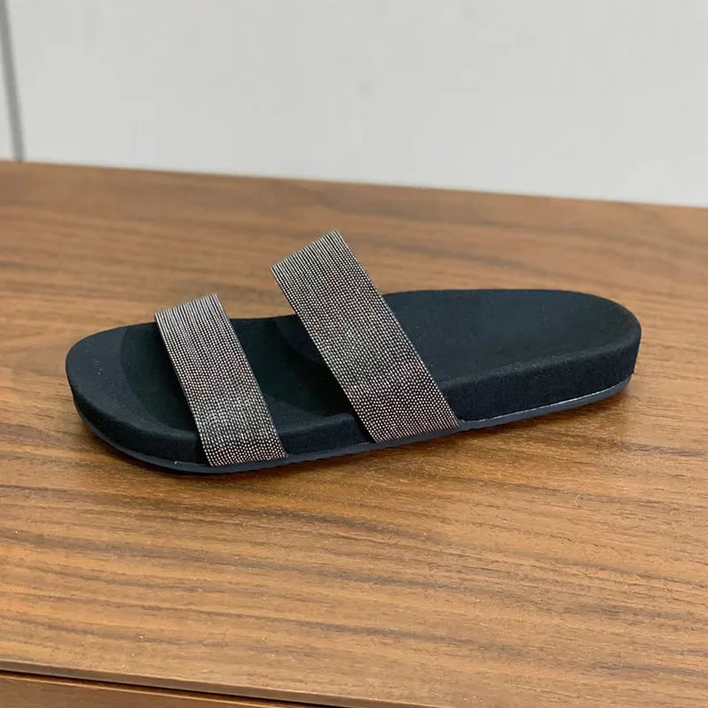 Cow Suede Bead Chain Narrow Strap Slippers for Women
