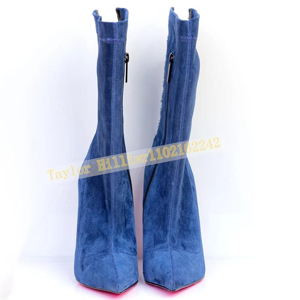 Blue Suede Mid Calf Stiletto Boots with Rhinestone Trim for Women