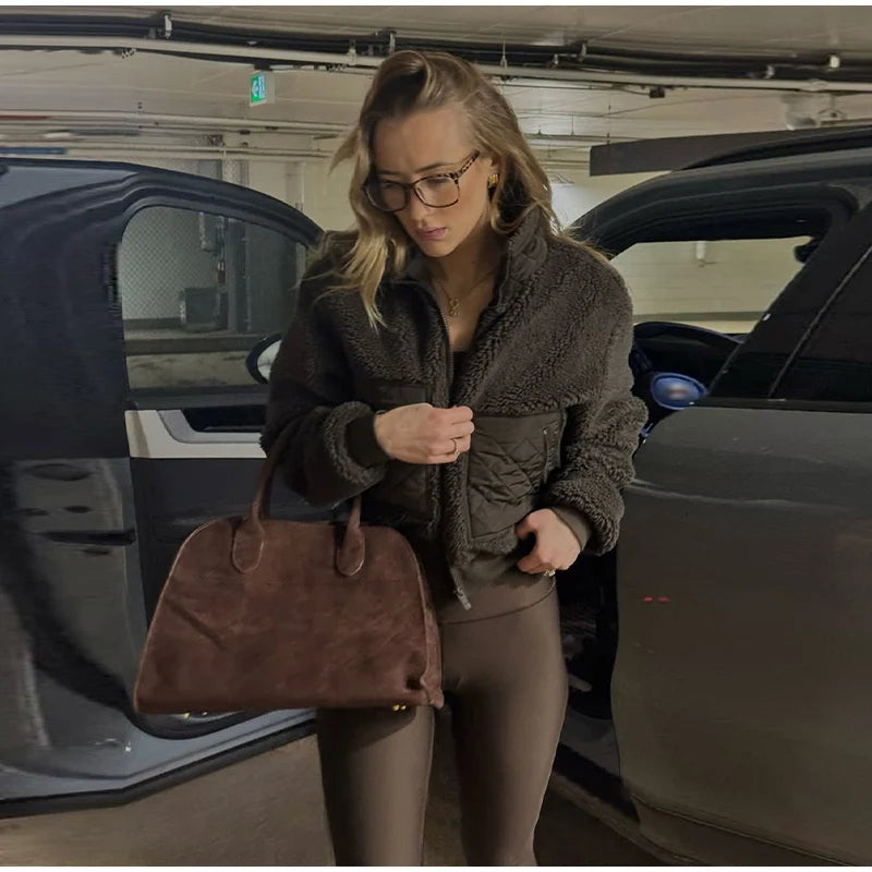 Elegant Lamb Women's Coat Vintage Stand Collar Thicken Full Sleeve Pockets Jacket Female 2025 Autumn Winter Woman Coats Outwears