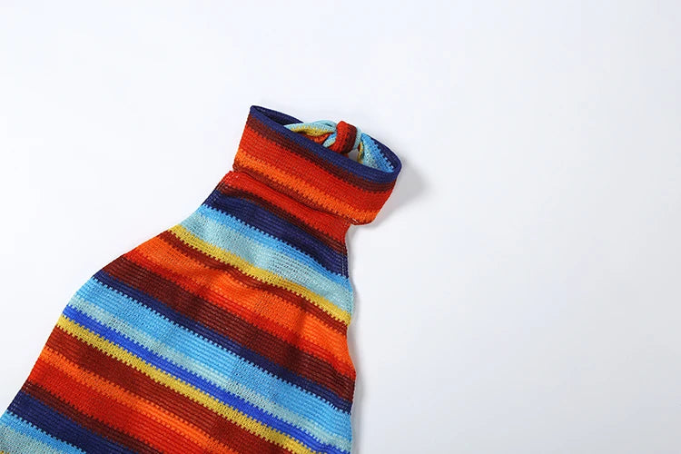 Patchwork Stripe Bodycon Halter Backless Mini Dress for Women