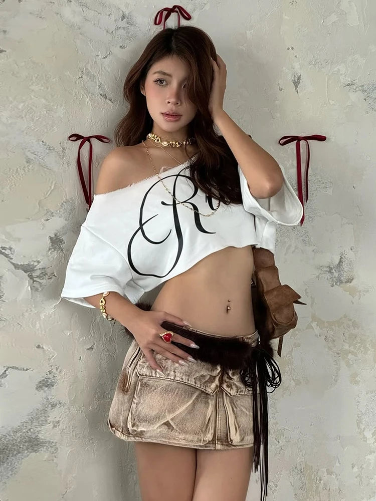 Weird Puss Letter Print Crop Tops Women Summer Trend Wild Biased Collar Street Skinny Simple Classic Streetwear Daily Soft Tees