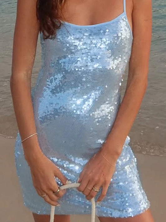 Sexy Sleeveless Sequin Short Dress Nightclub Party Off Shoulder Women's Mini Dress Summer Camisole Slim Fit Beach Dress Vestidos