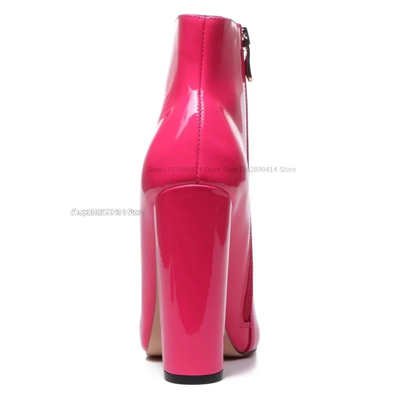 Rose Red Patent Leather Pointy Toe Mid Calf Boots For Women