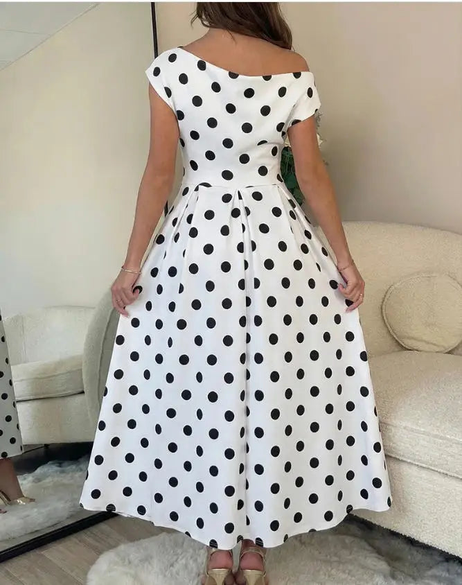 Polka Dot Ruched A Line Maxi Dress With Pockets for Women