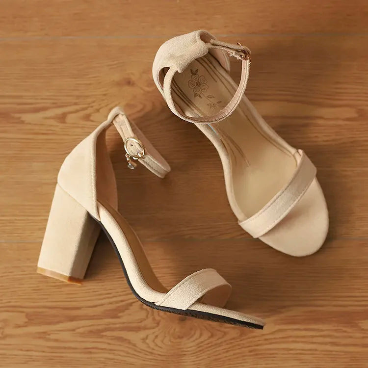 Beige Suede Rhinestone Block Heel Sandals