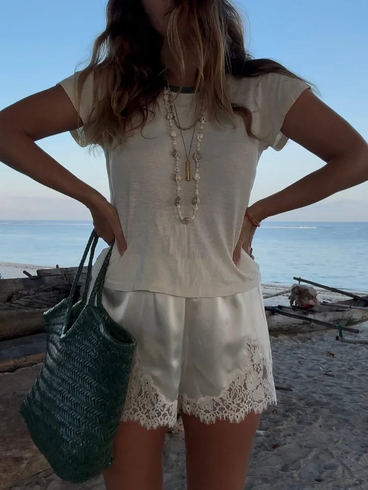 Women Lace Patchwork Satin Shorts Chic Loose Soild Wide Legs Elastic Short 2025 New Y2k Lady All Much Casual Street Outfits