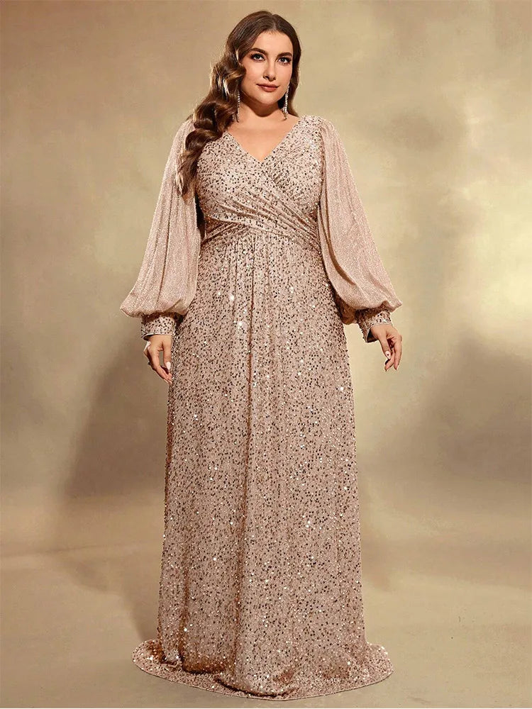 Plus Size V Neck Sequin Evening Dress