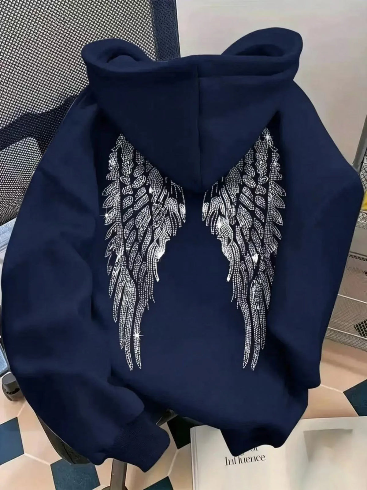 Wing Print Rhinestone Long Sleeve Pullover Hoodie for Women