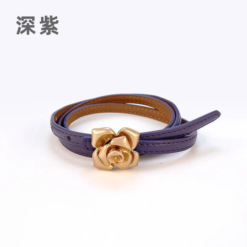 Double Sided Metal Flower Buckle Thin Belt for Women
