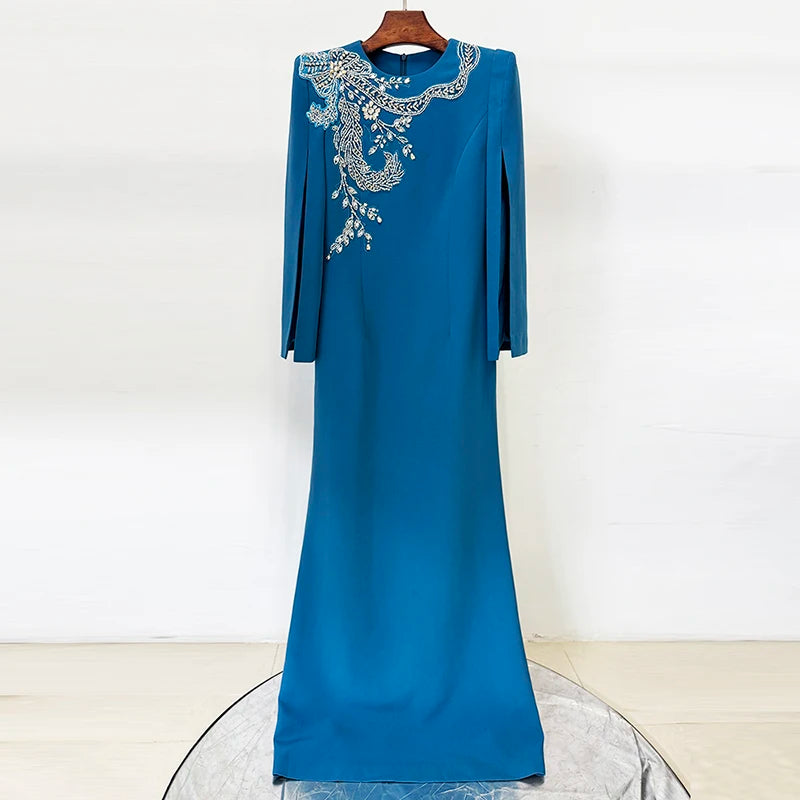 HIGH STREET Newest Fashion 2026 Designer Party Vestido Women's Slit Sleeve Diamonds Beaded Maxi Long Dress
