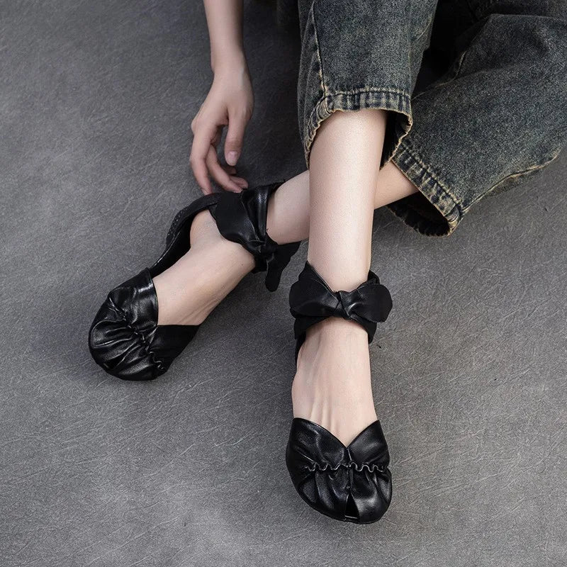 Genuine Leather Breathable Low Heel Peep Toe Sandals for Women