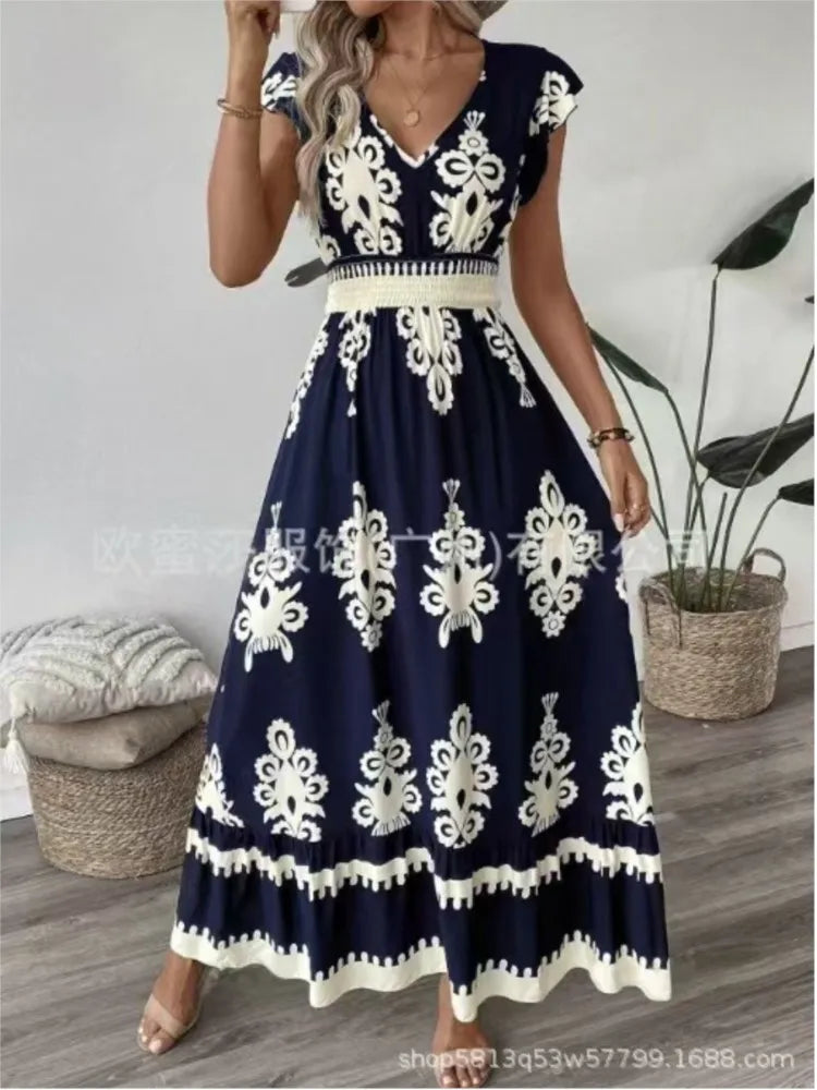 Beach Print Midi with V-Neck and High Waist Dress for Women