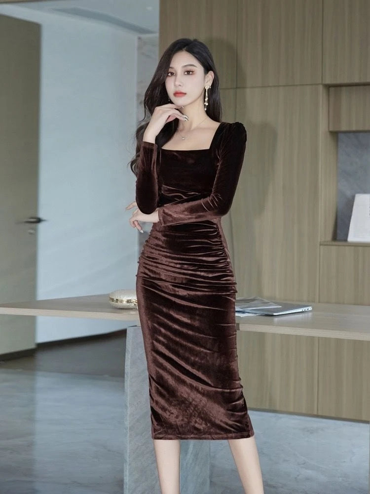 Elegant Women Velvet Dress High Waist Slimming Square Neck Long Sleeve Bodycon Wrap Hip Party Evening Gown