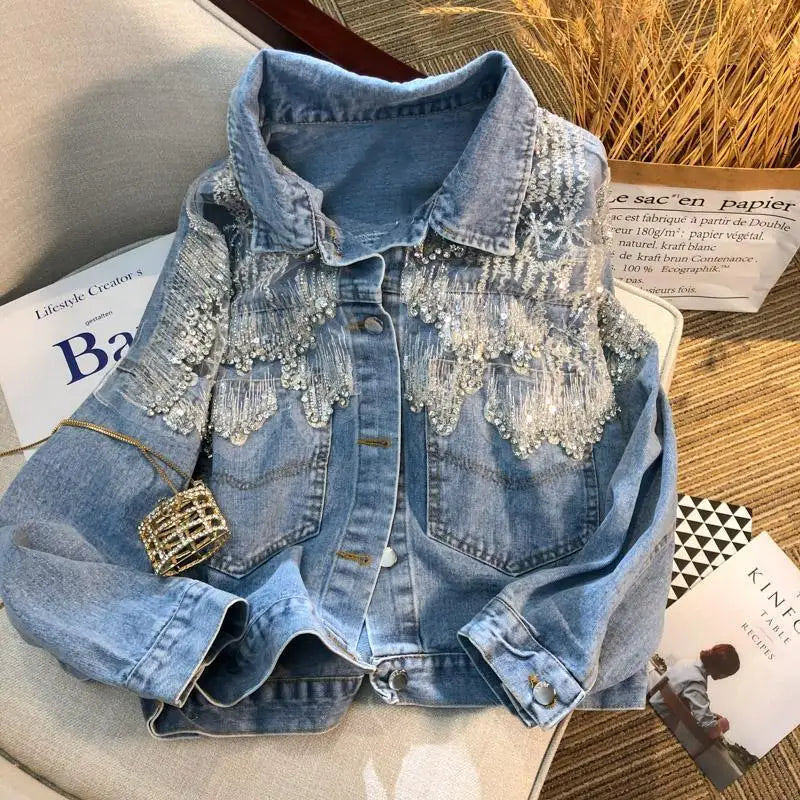 Mesh Sequined Denim Jacket for Women, Loose Coat and Stylish Top Trend for Spring 2025
