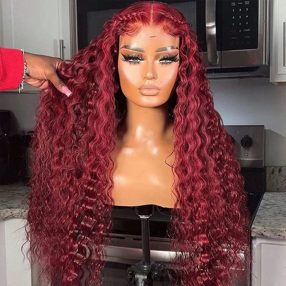 Preplucked Burgundy Deep Wave Lace Front Wig for Women