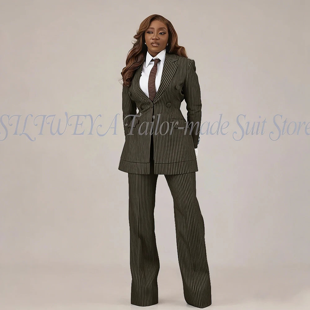Slim Fit Brown Striped Blazer Set With Pants For Women