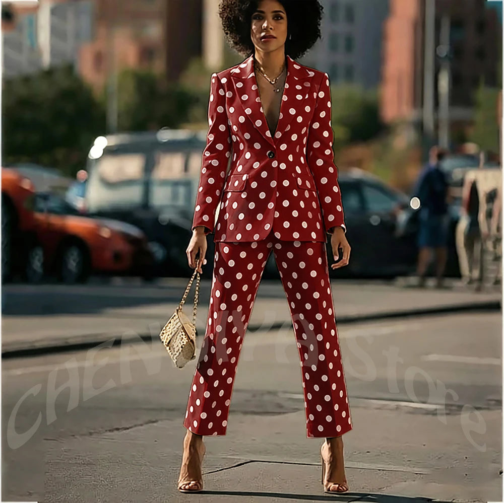 White Polka Dot Women's Suit 2 Pieces New Design Single Button Blazer Ankle Pants Fashion Set Formal Party Business Office Wear