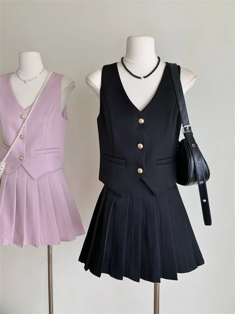 Elegant High Waist Pleated Skirt And Vest Set For Women