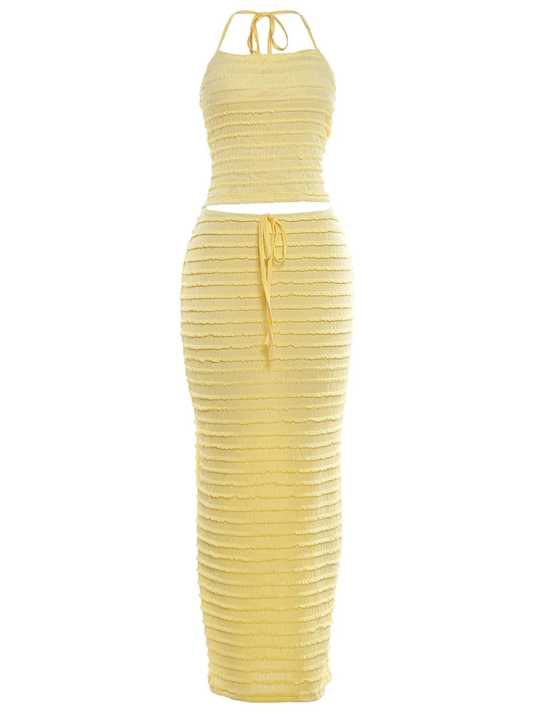 Ruffled Edge Halter Backless Two-Piece Set for Women
