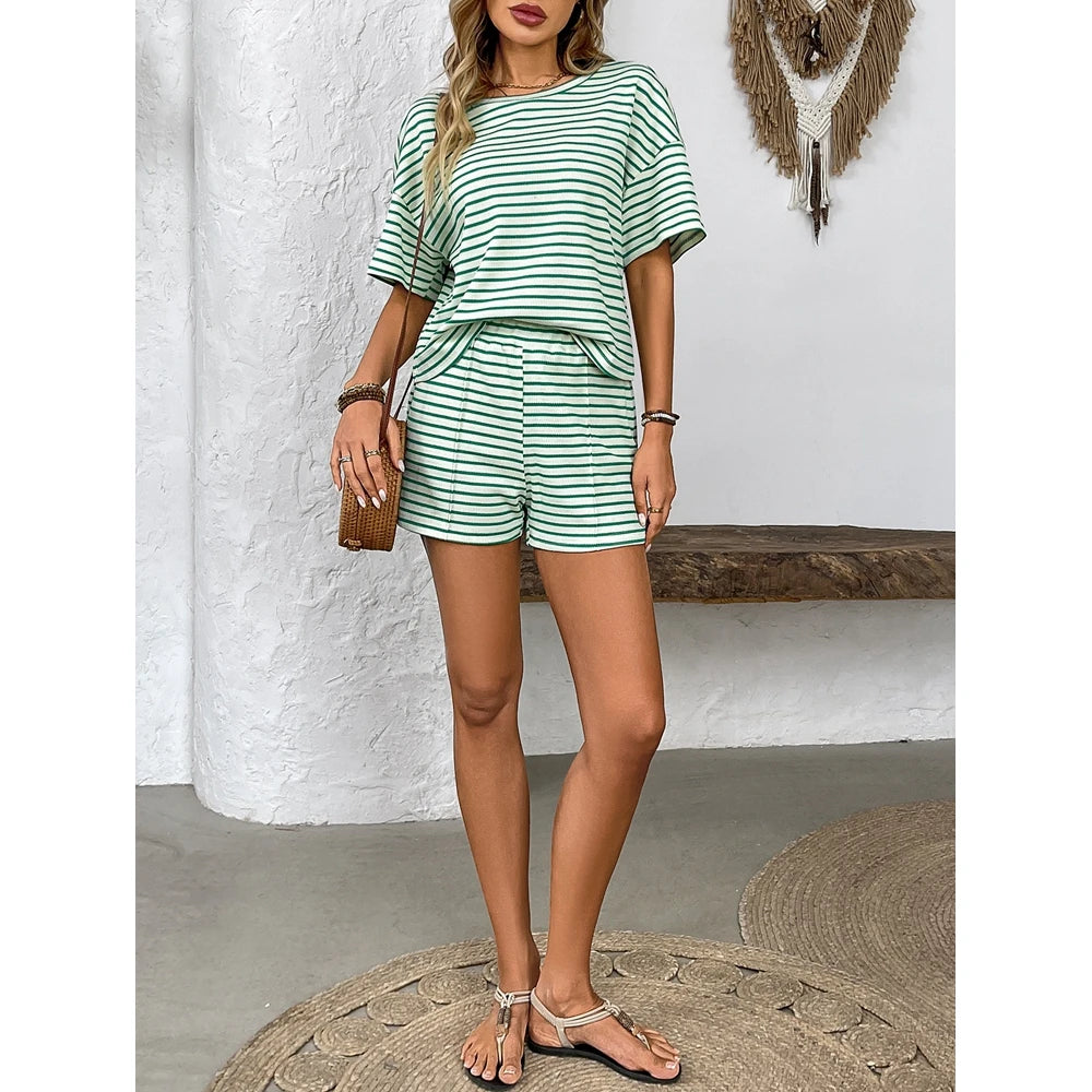 Women Striped 2 Pieces Set Fashion Short Sleeve T Shirt Top and Elastic Waist Shorts Set Summer Outfits Home Wear 2025