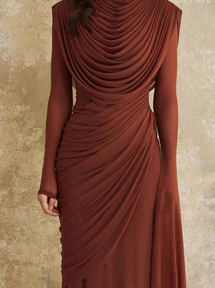 Long Sleeve Pleated High Waisted Maxi Dress for Women