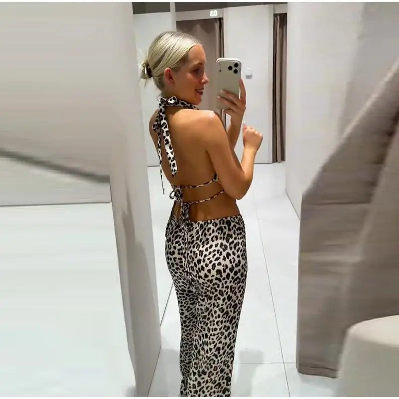 Leopard Print Halter Neck Top And High Waist Flare Pants Set For Women