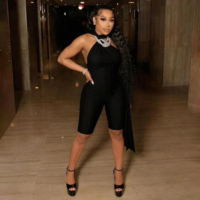 Sexy Ruched Backless Halter Bandage Jumpsuit for Women
