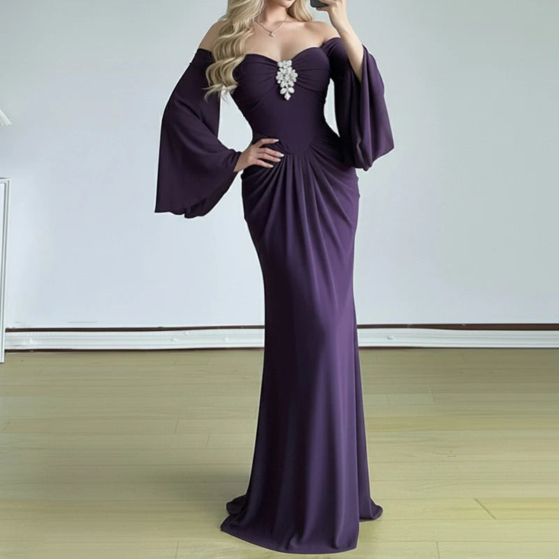 2026 Sexy Backless Draped Party Dress Elegant Strapless Flared Sleeves Evening Dress Women Fashion Hight Waist Solid Long Dress