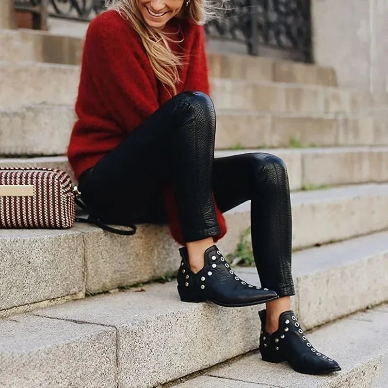 Slip On Pointed Toe Rivets Ankle Boots